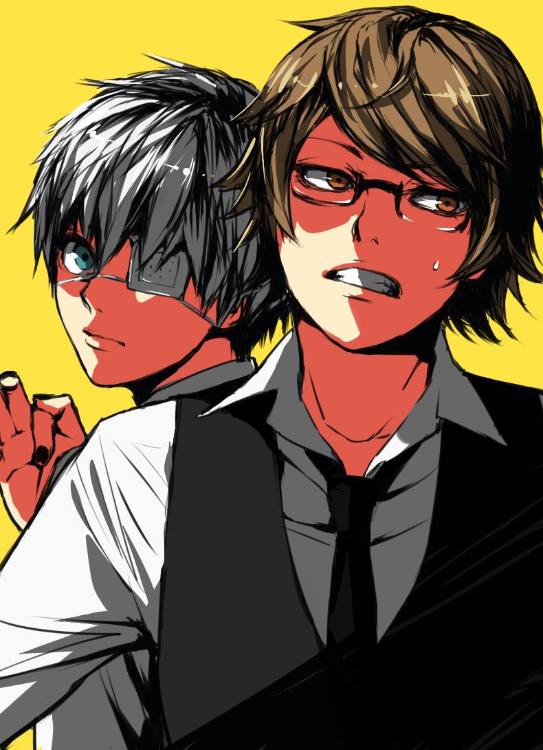 10s 2boys brown_eyes brown_hair clenched_teeth eyepatch glasses kaneki_ken multiple_boys nail_polish necktie nishio_nishiki shiromi_(ringo) sweatdrop teeth tokyo_ghoul uniform vest white_hair