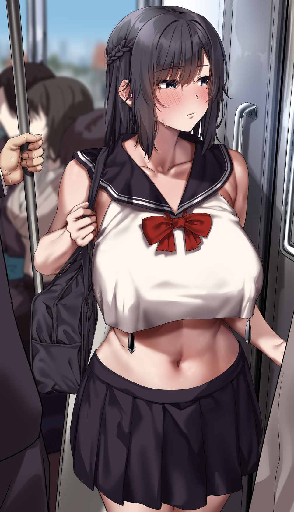 2girls 3boys averting_eyes bag black_hair black_skirt blush bow bowtie braid breasts closed_mouth commentary_request cropped_shirt crowd half_up_braid highres jack_dempa large_breasts long_hair midriff multiple_boys multiple_girls nipple_piercing nipple_weights original piercing pleated_skirt red_bow red_bowtie sailor_collar school_bag school_uniform serafuku shirt shirt_overhang skirt sleeveless sleeveless_shirt solo_focus train_interior white_shirt
