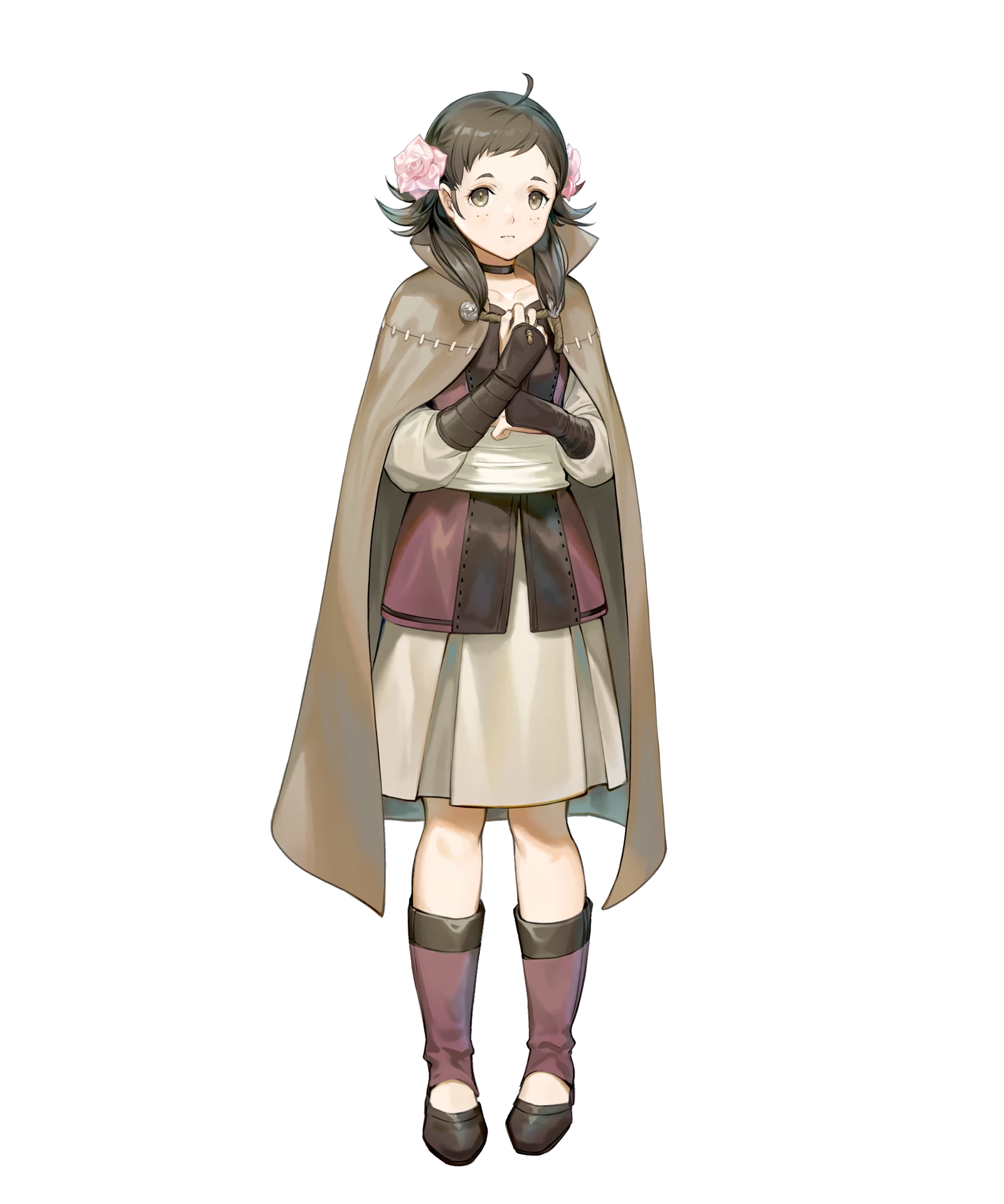 1girl ahoge breasts brown_eyes brown_hair cloak fire_emblem fire_emblem_fates fire_emblem_heroes flat_chest flower freckles hair_flower hair_ornament highres looking_at_viewer medium_breasts mozu_(fire_emblem) nintendo non-web_source official_art solo tachi-e
