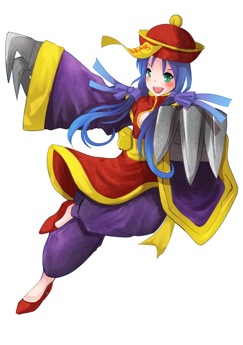 1girl alternate_costume axley blue_hair chinese_clothes claws cleavage_cutout clothing_cutout cosplay darkstalkers green_eyes halloween hat hsien-ko_(cosplay) jiangshi kantai_collection hsien-ko red_footwear solo suzukaze_(kancolle) white_background