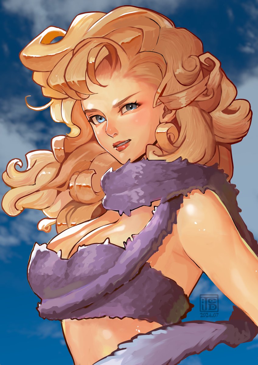 1girl ayla_(chrono_trigger) bare_shoulders blonde_hair blue_eyes breasts cavewoman chrono_trigger cleavage cloud cloudy_sky crop_top curly_hair dated fumezu1 fur_scarf fur_shirt furrowed_brow grey_scarf grey_shirt highres long_hair looking_at_viewer medium_breasts midriff parted_lips scarf shirt sign sky solo strapless tube_top upper_body