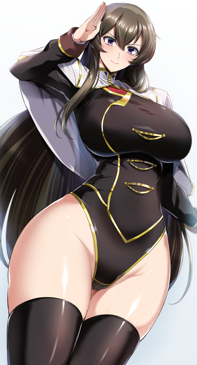 1girl blush breasts brown_hair commentary gold_trim gundam highleg highleg_leotard highres kumakichi_(cost-lost) large_breasts leotard long_hair long_sleeves looking_at_viewer maria_owens purple_eyes salute sd_gundam smile solo thighs