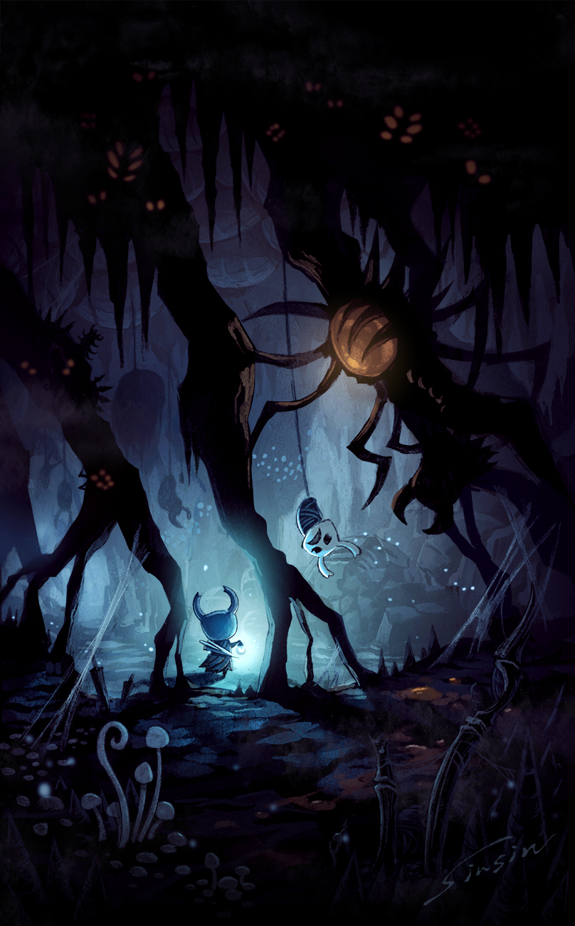 1other cape fantasy forest fungus highres hollow_knight horns knight_(hollow_knight) mamoru_mikokoro nature night scenery silk spider_web