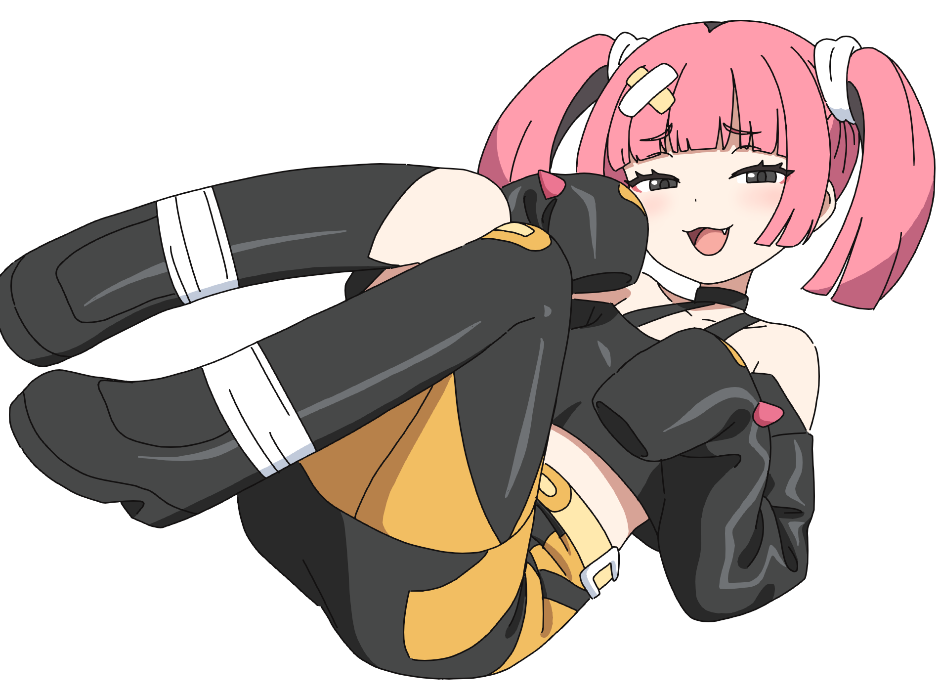 1girl :d belt black_eyes black_shirt collarbone commentary_request coral_(pokemon) eyelashes fang hair_ornament hands_up head_tilt highres kutsusama long_sleeves nintendo off-shoulder_shirt off_shoulder open_mouth pink_hair pokemon pokemon_(anime) pokemon_horizons shirt simple_background skirt sleeves_past_fingers sleeves_past_wrists smile solo tongue twintails white_background yellow_belt