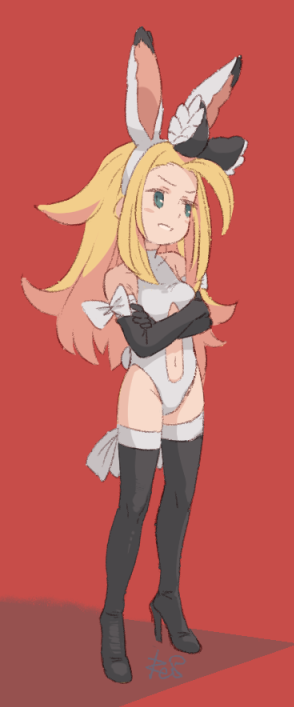 1girl blonde_hair bravely_default_(series) breasts clothing_cutout crossed_arms edea_lee full_body green_eyes high_heels leotard long_hair looking_to_the_side navel navel_cutout playboy_bunny red_background reiesu_(reis) small_breasts smile solo thighhighs