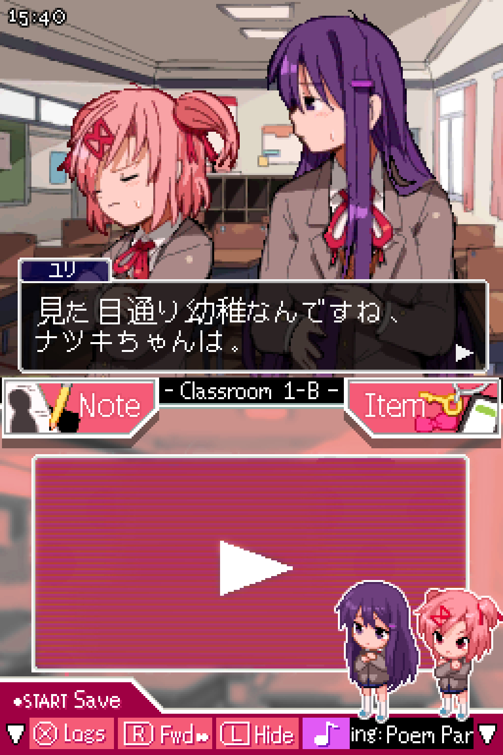 2girls bendedede chibi classroom closed_eyes closed_mouth commentary crossed_arms doki_doki_literature_club english_commentary grey_jacket hair_ornament hairclip handheld_game_console highres indoors jacket long_hair looking_at_another multiple_girls natsuki_(doki_doki_literature_club) neck_ribbon nintendo_ds pink_hair pixel_art purple_eyes purple_hair red_ribbon ribbon school_uniform short_hair small_sweatdrop symbol-only_commentary two_side_up user_interface yuri_(doki_doki_literature_club)