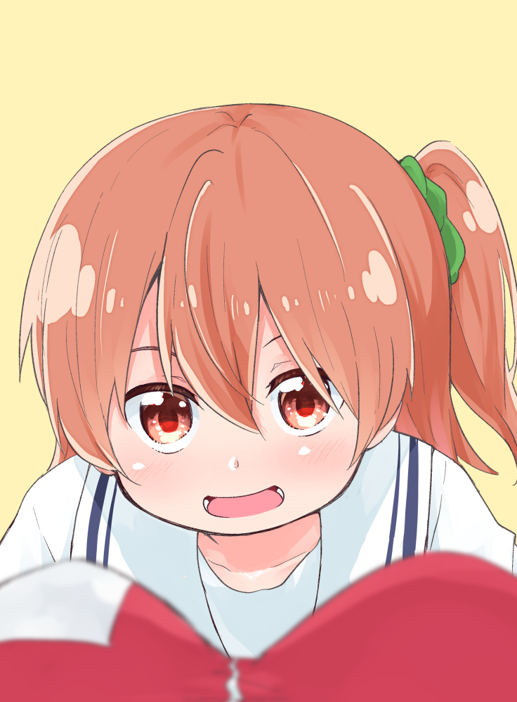 2girls :d blush breasts brown_eyes brown_hair child collarbone commentary female_pov hair_between_eyes hair_ornament hair_scrunchie hoshino_hinata hoshino_miyako_(wataten) jacket looking_at_viewer mukunoki_nanatsu multiple_girls official_art one_side_up open_mouth pov pov_breasts red_jacket red_track_suit scrunchie shirt siblings simple_background sisters smile track_jacket track_suit watashi_ni_tenshi_ga_maiorita! white_shirt yellow_background