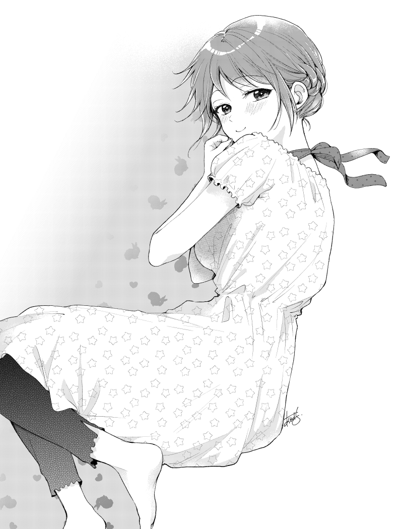 1girl akmr_enmt barefoot blush braid breasts choker dress from_above greyscale kono_kaisha_ni_suki_na_hito_ga_imasu leggings lone_nape_hair looking_at_viewer lying medium_breasts medium_dress mitsuya_yui monochrome official_art on_side polka_dot polka_dot_dress polka_dot_ribbon puffy_short_sleeves puffy_sleeves ribbon ribbon_choker short_hair short_sleeves signature smile solo