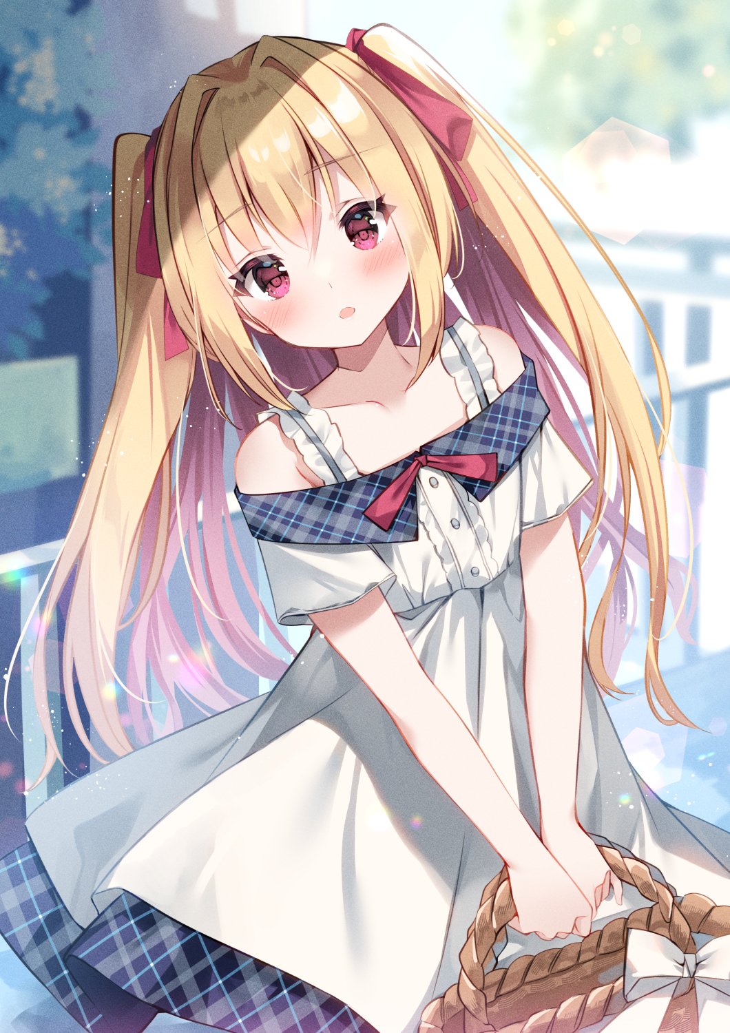 1girl :o alternate_costume bare_shoulders basket blonde_hair blurry blurry_background blush bright_pupils casual collarbone commentary cowboy_shot day dress frilled_straps hair_between_eyes hair_intakes hair_ribbon highres holding holding_basket irori irotoridori_no_sekai lens_flare light_particles long_dress long_hair looking_at_viewer nikaidou_shinku off-shoulder_dress off_shoulder open_mouth outdoors picnic_basket plaid_clothes plaid_dress red_eyes red_ribbon ribbon short_sleeves sidelocks solo spaghetti_strap straight_hair two_side_up v_arms very_long_hair white_dress