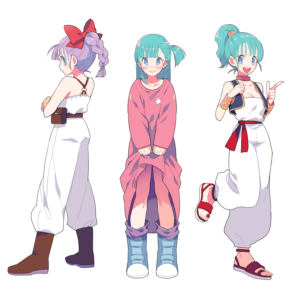 1girl boots bracelet braid breasts bulma choker cleavage costume_chart crossed_arms dragon_ball dress flat_chest full_body gum_(gmng) jewelry looking_back open_mouth pointing ponytail purple_eyes purple_hair sandals side_ponytail simple_background skirt_hold smile standing standing_on_one_leg white_background