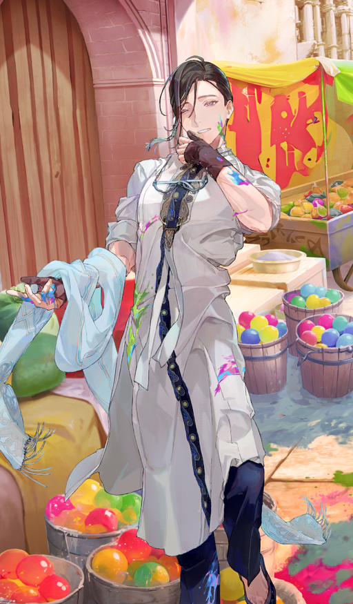 1boy ;) blue-framed_eyewear blue_pants blue_scarf brown_gloves brown_hair commentary_request day eyewear_around_neck fate/grand_order fate_(series) foot_out_of_frame glasses gloves grin hand_on_own_chin head_tilt holding holding_unworn_clothes holding_unworn_scarf holi_festival indian_clothes kibadori_rue leg_up male_focus official_art one_eye_closed outdoors paint_on_body paint_on_clothes paint_splatter paint_splatter_on_face pants partially_fingerless_gloves purple_eyes robe scarf short_hair sleeves_rolled_up smile solo standing standing_on_one_leg sunlight teeth third-party_source unworn_scarf white_robe yamanami_keisuke_(event_portrait)_(fate) yamanami_keisuke_(fate)