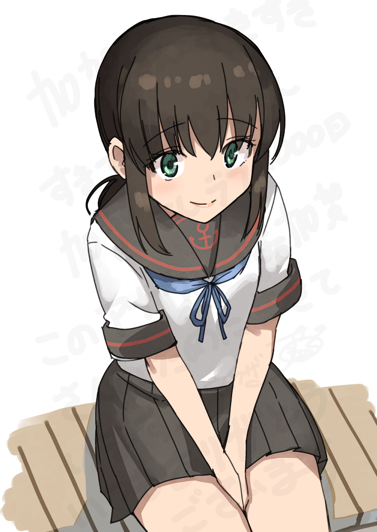 black_hair black_sailor_collar black_skirt blue_neckerchief fubuki_(kancolle) fubuki_kai_ni_(kancolle) green_eyes kantai_collection low_ponytail masukuza_j medium_hair neckerchief pleated_skirt ponytail sailor_collar sailor_shirt school_uniform serafuku shirt short_ponytail sidelocks simple_background skirt v_arms watermark white_background white_shirt