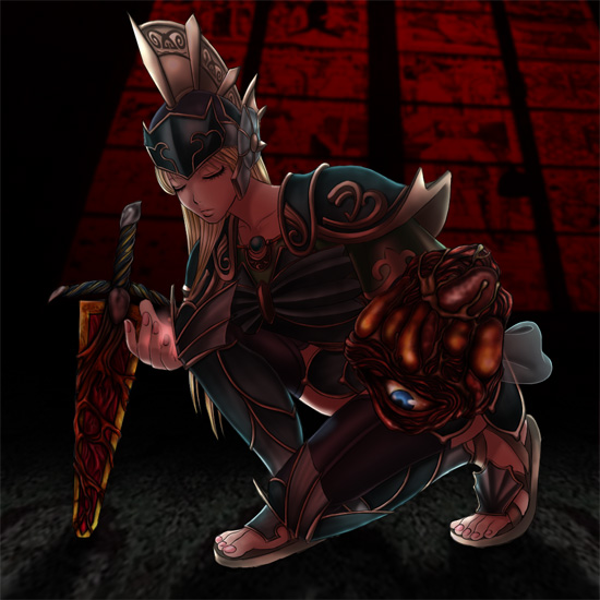 1girl alternate_costume armor bandai_namco blonde_hair blue_eyes blue_gemstone chest_jewel closed_eyes commentary corruption dark_persona english_commentary gem hand_up helmet kneeling long_hair possessed possession sophitia_alexandra soul_calibur soul_edge soul_edge_(weapon) soulcalibur soulcalibur_iv sword toeless_footwear weapon xue--xue