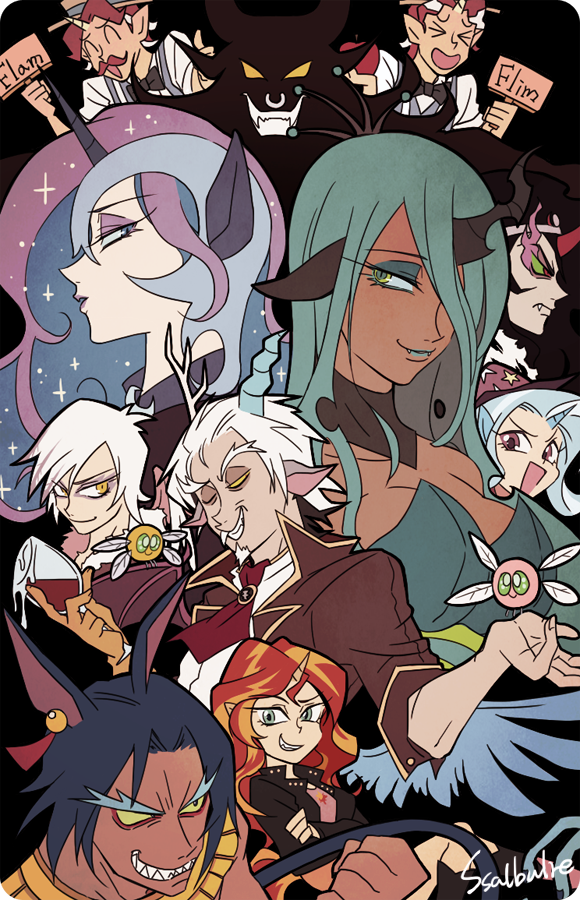 5girls 6+boys ahuitzotl_(my_little_pony) animal_ears antlers aqua_hair asymmetrical_horns bird_wings blue_hair breasts cleavage commentary crossed_arms crown cup dark-skinned_female dark-skinned_male dark_skin discord_(my_little_pony) drinking_glass english_commentary eyelashes flam_(my_little_pony) flim_(my_little_pony) gilda_(my_little_pony) glowing glowing_eyes hat helmet horns horse_ears horse_girl iron_will_(my_little_pony) king_sombra long_hair princess_luna makeup medium_breasts mismatched_horns multicolored_hair multiple_boys multiple_girls my_little_pony my_little_pony:_equestria_girls my_little_pony:_friendship_is_magic nightmare_moon open_mouth parasprite personification pointy_ears princess_luna queen_chrysalis red_hair short_hair signature single_horn smile ssalbulre streaked_hair sunset_shimmer sunset_shimmer_(human) tomboy trait_connection trixie_lulamoon unicorn_girl white_hair wine_glass wings wizard_hat