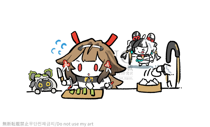 &gt;_o 2girls ahoge bangboo_(zenless_zone_zero) belion_(zenless_zone_zero) black_hair bracelet brown_hair chakram chibi chibi_only china_dress chinese_clothes closed_mouth clover clover_hair_ornament commentary cutting_board detached_sleeves dialyn_(zenless_zone_zero) dress droopy_ears dumpling flying_sweatdrops food hair_extensions hair_ornament hairband holding holding_knife jewelry knife long_hair metal_bracelet motion_lines multicolored_hair multiple_girls necktie one_eye_closed open_mouth portal_(object) red_eyes ring_hair_extensions shidare_(youh4016) silver_bracelet simple_background split-color_hair tongue tongue_out weapon white_background white_dress white_hair white_hairband wire ye_shunguang yellow_necktie zenless_zone_zero