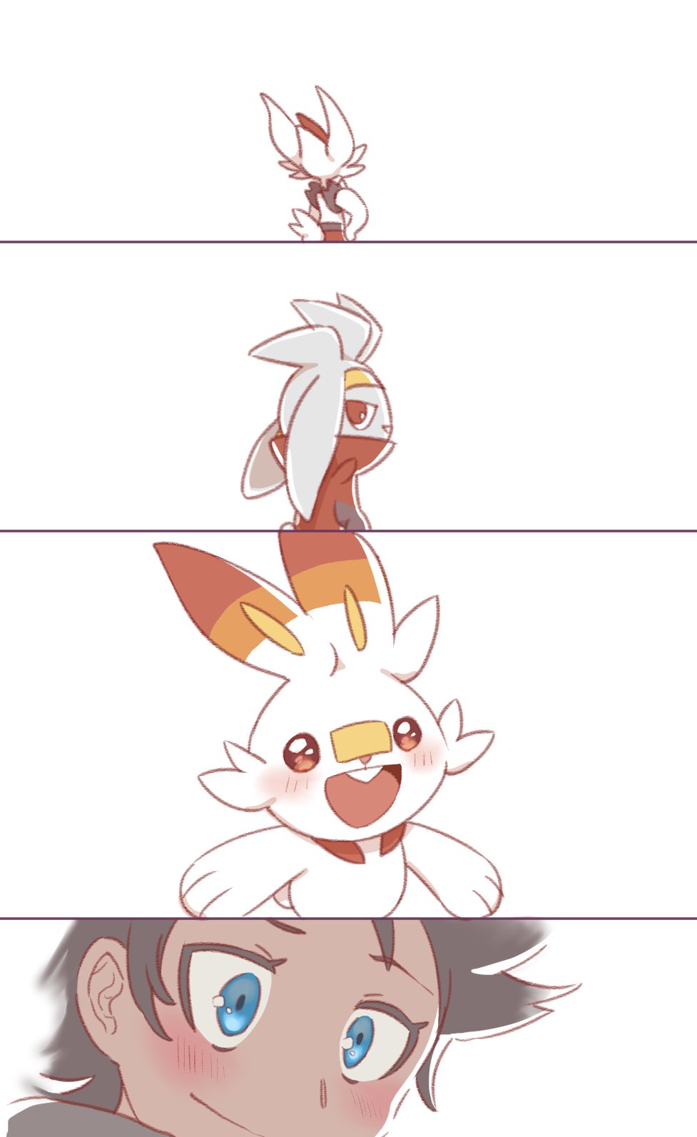 1boy 4koma animal_ears black_hair blue_eyes blush buck_teeth cinderace comic creatures_(company) dark-skinned_male dark_skin from_behind game_freak gen_8_pokemon goh_(pokemon) highres looking_at_viewer nintendo pokemon pokemon_(anime) rabbit_ears raboot scorbunny short_hair smile teeth upper_body white_background