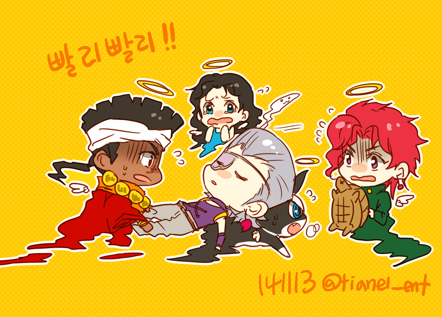 1girl 3boys black_hair blue_eyes boston_terrier coco_jumbo dark-skinned_male dark_skin dog ghost ghost_tail grey_hair halo iggy_(jojo) jean_pierre_polnareff jojo_no_kimyou_na_bouken kakyoin_noriaki mohammed_avdol multiple_boys purple_eyes red_eyes red_hair shaded_face sherry_polnareff spoilers stardust_crusaders tears tianel_ent turtle vento_aureo