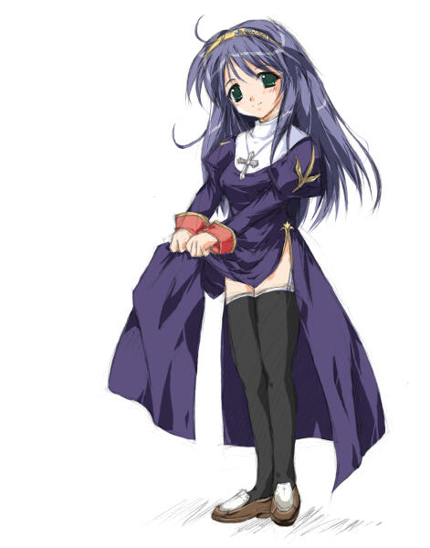 1girl 2000s_(style) bad_id black_thighhighs breasts brown_shoes closed_mouth cross cross_necklace curtsey dress full_body garter_straps green_eyes hairband jewelry juliet_sleeves long_hair long_sleeves looking_at_viewer medium_breasts necklace priest_(ragnarok_online) puffy_sleeves purple_dress purple_hair ragnarok_online shoes side_slit simple_background smile solo thighhighs tokita white_background yellow_hairband
