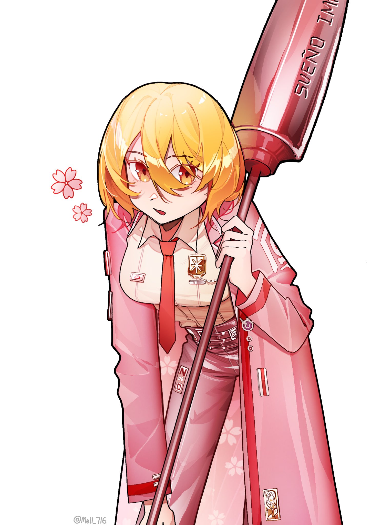1girl alternate_costume blonde_hair cherry_blossoms cowboy_shot don_quixote_(project_moon) formal_clothes highres holding lance leaning_forward limbus_company looking_at_viewer mell_716 necktie open_mouth pink_suit polearm project_moon red_necktie shirt short_hair simple_background solo suit weapon white_background white_shirt yellow_eyes