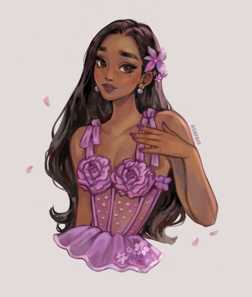 1girl adapted_costume asayris_art brown_eyes brown_hair dark-skinned_female dark_skin dress earrings encanto flower hair_flower hair_ornament isabela_madrigal jewelry long_hair mole mole_under_eye purple_dress simple_background smile solo