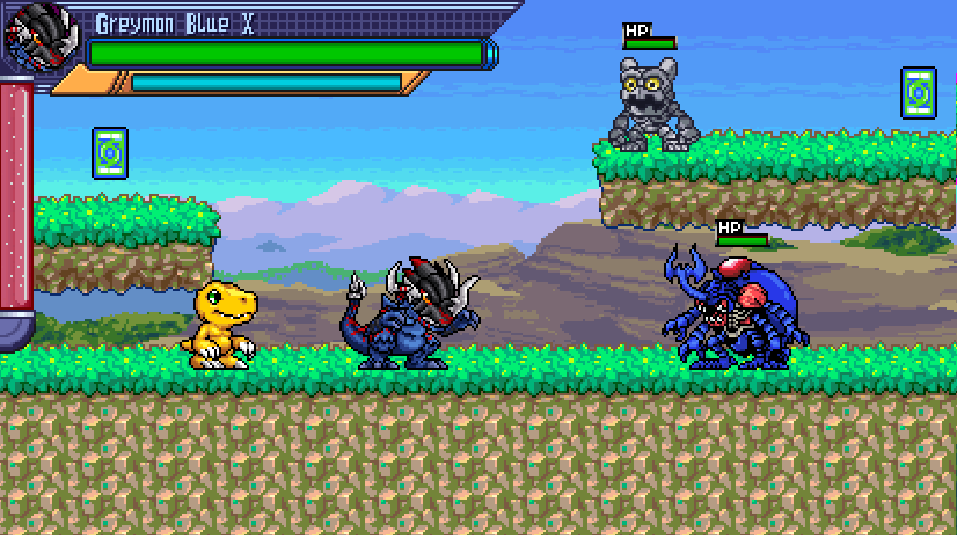 agumon atlurkabuterimon atlurkabuterimon_(blue) digimon digimon_(creature) gottsumon grass greymon_(blue) greymon_(blue)_x-antibody horns tail tyrannosaurus_rex