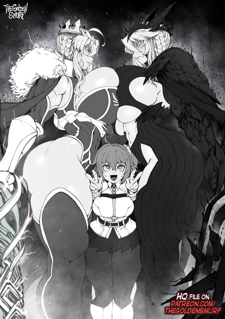 3girls artoria_pendragon_(fate) artoria_pendragon_(lancer)_(fate) artoria_pendragon_(lancer_alter)_(fate) aura breast_press breasts cape chaldea_uniform crown curvy dark_rhongomyniad_(fate) double_v eye_contact fate/grand_order fate_(series) fujimaru_ritsuka_(female) glaring greyscale holding holding_polearm holding_weapon huge_breasts lance large_breasts leotard looking_at_another looking_at_viewer miniskirt monochrome multiple_girls pantyhose pleated_skirt polearm rhongomyniad_(fate) skirt sweat symmetrical_docking tall_female the_golden_smurf thick_thighs thighs v weapon wide_hips