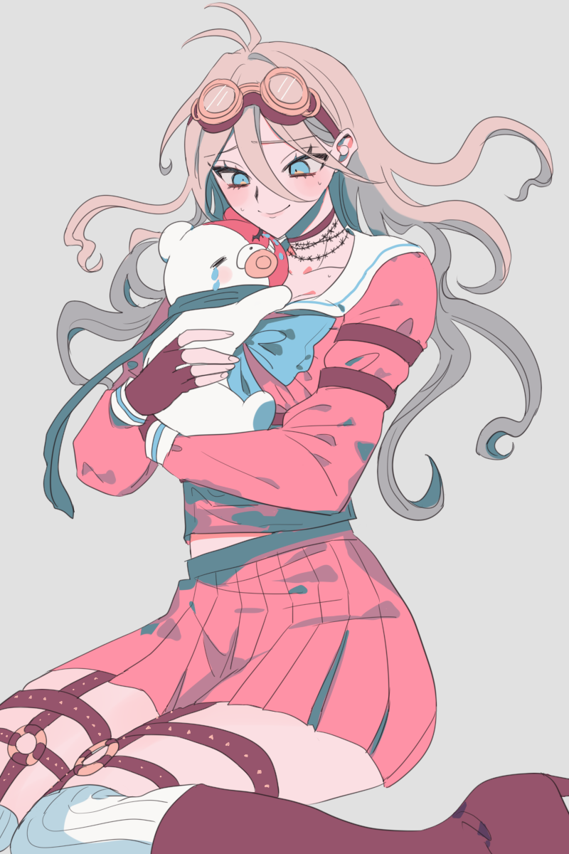 1girl antenna_hair barbed_wire blonde_hair blue_eyes blush bow bowtie breasts brown_background brown_gloves choker danganronpa_(series) danganronpa_v3:_killing_harmony fingerless_gloves gloves goggles goggles_on_head green_bow green_bowtie hair_between_eyes highres holding holding_stuffed_toy hug iruma_miu large_breasts long_hair long_sleeves monotaro_(danganronpa) o-ring pink_shirt roneco sailor_collar scarf shirt simple_background sitting skirt smile stuffed_animal stuffed_toy tears teddy_bear white_sailor_collar