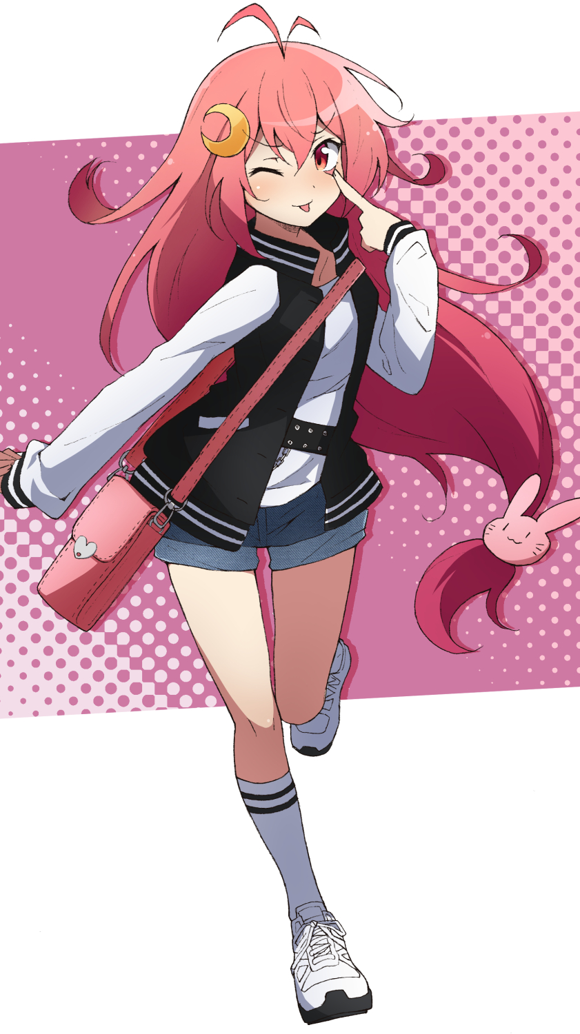1girl :3 ;p alternate_costume antenna_hair casual commentary_request crescent crescent_hair_ornament female_focus full_body hair_ornament highres jacket kantai_collection letterman_jacket long_hair long_sleeves looking_at_viewer low-tied_long_hair nel-c one_eye_closed pink_background pink_hair polka_dot polka_dot_background rabbit_hair_ornament red_eyes shoes shorts sneakers solo standing standing_on_one_leg tongue tongue_out two-tone_background uzuki_(kancolle) very_long_hair white_background