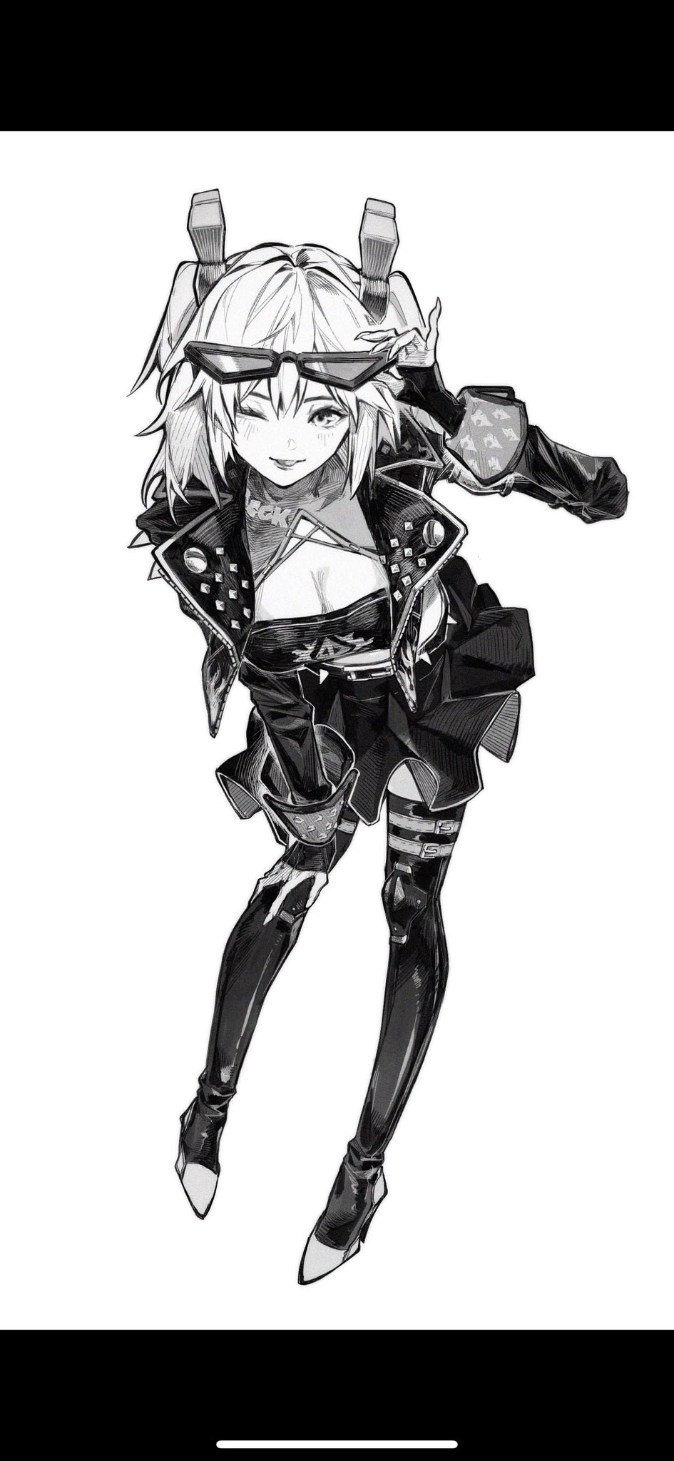 1girl breasts burnice_white cleavage closed_mouth eyewear_on_head fingerless_gloves full_body gloves greyscale hair_between_eyes highres jacket large_breasts long_hair monochrome one_eye_closed sidelocks simple_background skirt smile solo standing sunglasses white_background zenless_zone_zero zero808w