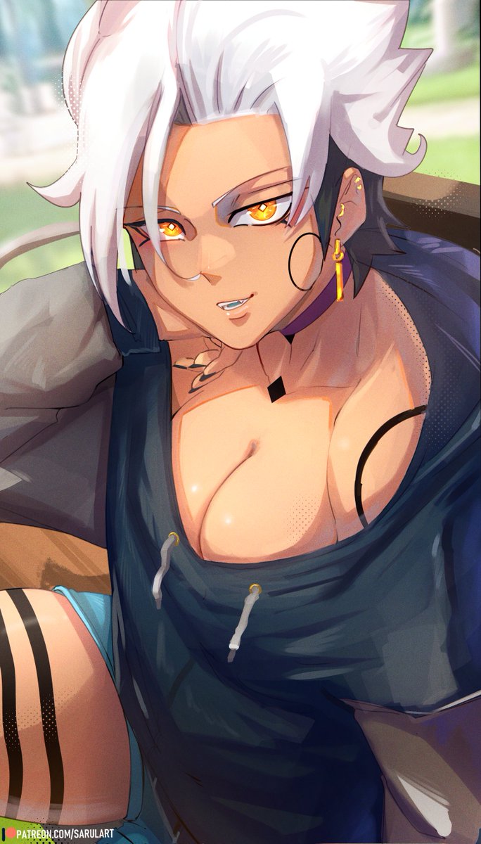 1girl asymmetrical_hair bench black_hair black_hoodie black_nails blue_pants blue_tongue blurry blurry_background body_markings breasts choker circle cleavage collarbone colored_bangs colored_tongue commentary day drawstring ear_piercing earrings english_commentary engrish_commentary fang fingernails glowing glowing_eyes gold_earrings grass hair_over_face highres hood hood_down hoodie jewelry looking_at_viewer medium_breasts messy_hair off_shoulder on_bench original pants park park_bench parted_lips patreon_logo patreon_username piercing polka_dot pov purple_choker sarulart seductive_smile shiny_skin short_hair short_shorts shorts sidewalk sitting smile solo thick_thighs thighs white_hair white_string yellow_eyes