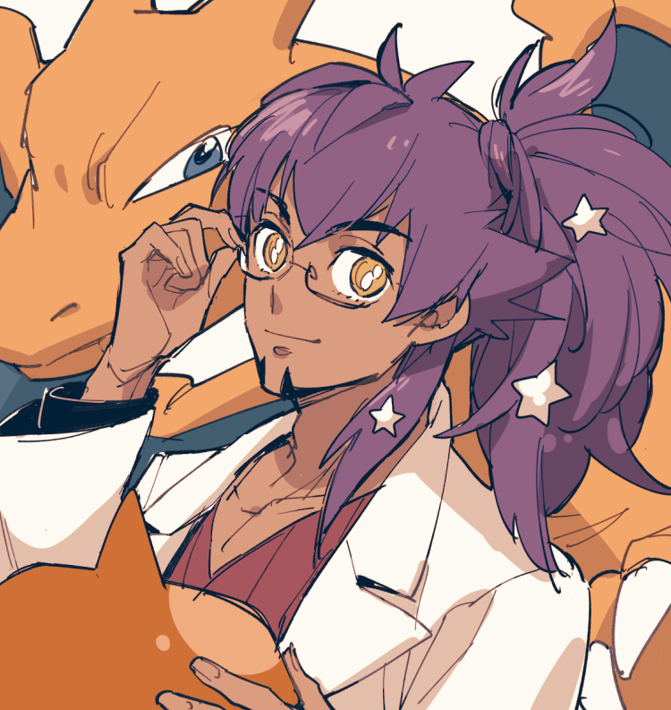 1boy adjusting_eyewear alternate_costume charizard closed_mouth coat commentary_request facial_hair game_freak gen_1_pokemon hair_ornament holding leon_(pokemon) long_hair male_focus nintendo open_clothes open_coat pokemon pokemon_(creature) pokemon_swsh ponytail purple_hair red_shirt ribbed_shirt shirt simple_background smile star_(symbol) star_hair_ornament white_background white_coat yellow_eyes yuden_33