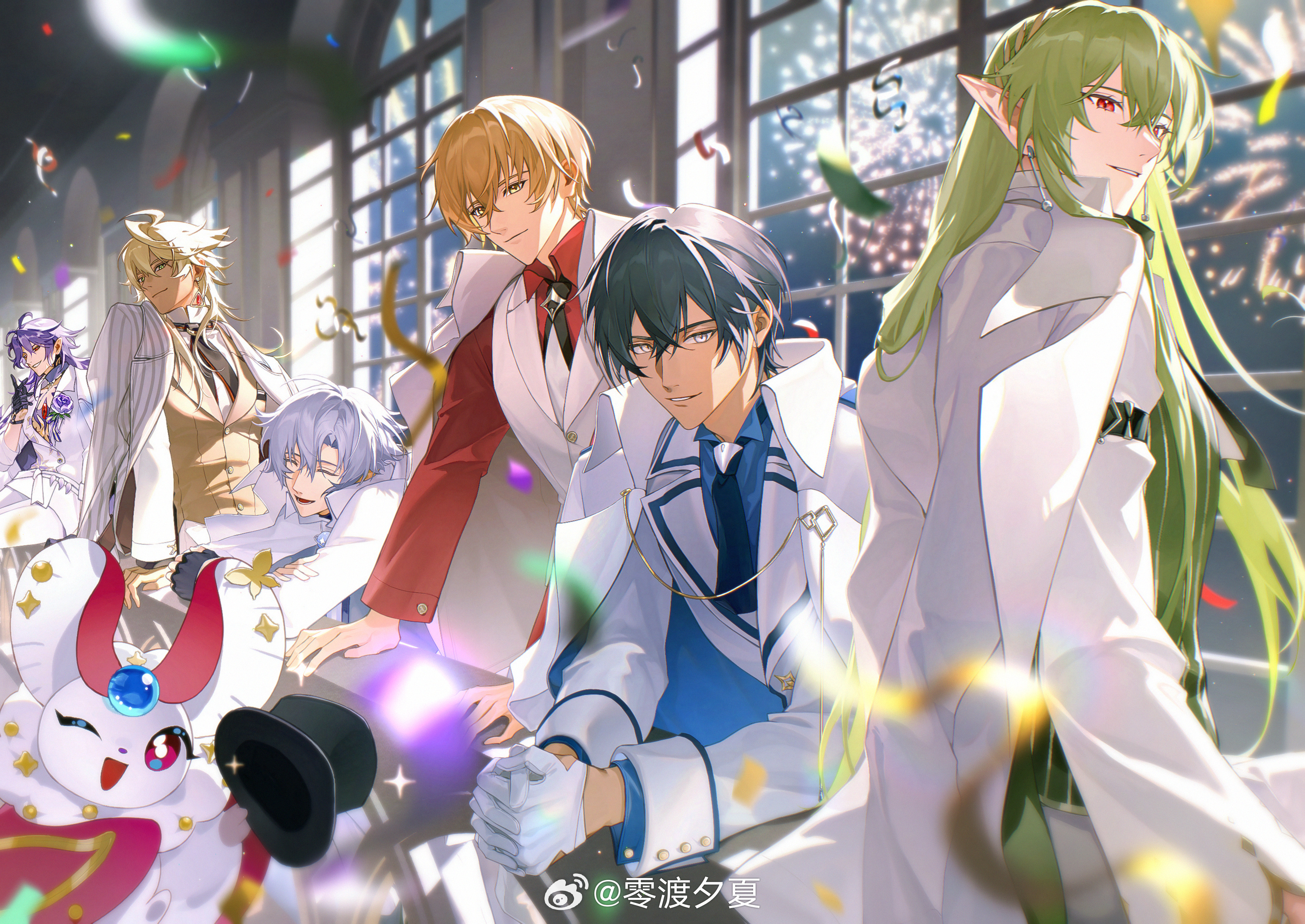 6+boys :d ^_^ aerial_fireworks against_railing ahoge antenna_hair black_gloves black_hair black_necktie blonde_hair blue_shirt boutonniere carriel_(welcome_to_dreamland) chest_jewel chest_tattoo chinese_commentary closed_eyes closed_mouth coat coat_on_shoulders collared_shirt confetti creature curtained_hair demian_(welcome_to_dreamland) earrings finger_to_mouth fingerless_gloves fireworks flower formal_clothes gloves green_vest grey_hair grin hair_between_eyes hair_ornament half_gloves hat highres holding holding_unworn_clothes holding_unworn_hat indoors interlocked_fingers isreall_(welcome_to_dreamland) jacket jewelry lapels leaf_hair_ornament leaning_forward long_hair long_sleeves looking_at_viewer looking_back male_focus meshal_(welcome_to_dreamland) multiple_boys muntins necktie night no_shirt notched_lapels open_mouth own_hands_clasped own_hands_together pants parted_lips pointy_ears purple_flower purple_hair purple_rose railing red_eyes red_shirt reiichiko rose ryoya_(welcome_to_dreamland) selien_(welcome_to_dreamland) shirt short_hair shushing sideways_glance single_earring sitting sleeve_cuffs sleeve_garter smile streamers striped_clothes striped_jacket suit tattoo top_hat triangle_earrings tuxedo_shirt unworn_hat unworn_headwear upper_body vertical-striped_clothes vertical-striped_jacket vest watermark weibo_watermark welcome_to_dreamland white_coat white_gloves white_jacket white_pants white_shirt white_suit white_vest window yellow_eyes yellow_vest