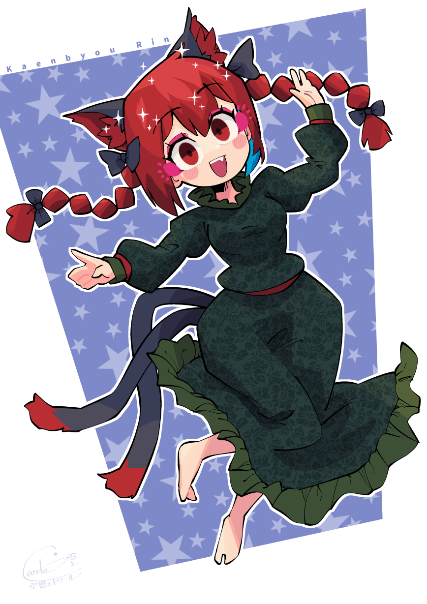 1girl :d animal_ears barefoot black_shirt black_skirt blue_background braid carte cat_ears cat_girl cat_tail character_name commentary_request full_body highres kaenbyou_rin long_hair long_sleeves looking_at_viewer multiple_tails open_mouth red_eyes red_hair shirt side_braids skirt smile solo tail touhou twin_braids two_tails