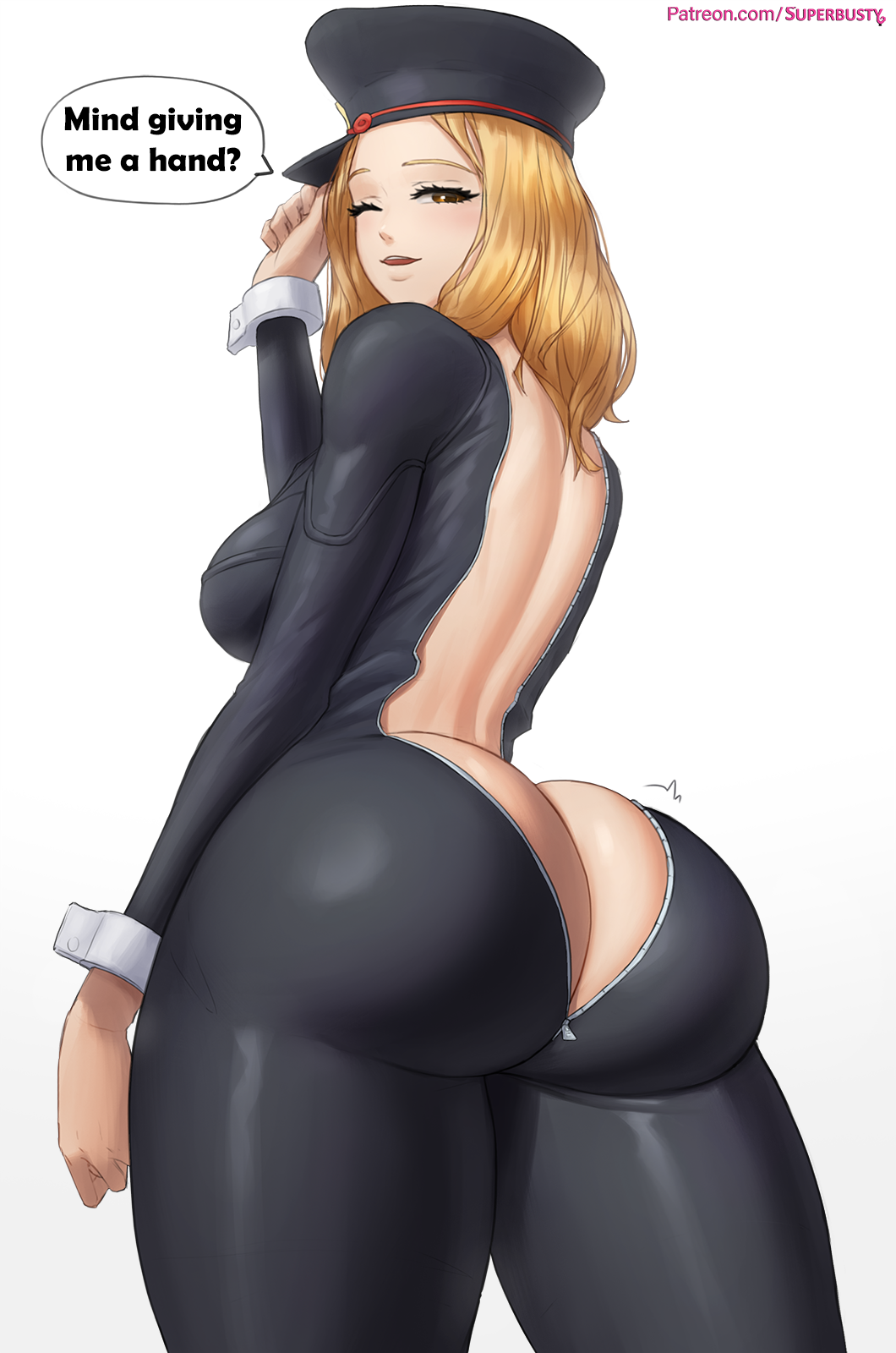1girl ass boku_no_hero_academia breasts brown_eyes brown_hair butt_crack english_text from_behind full-length_zipper hat highres huge_ass large_breasts legs looking_back medium_hair open_mouth simple_background smile solo standing superbusty unzipped unzipped_bodysuit utsushimi_kemii white_background zipper
