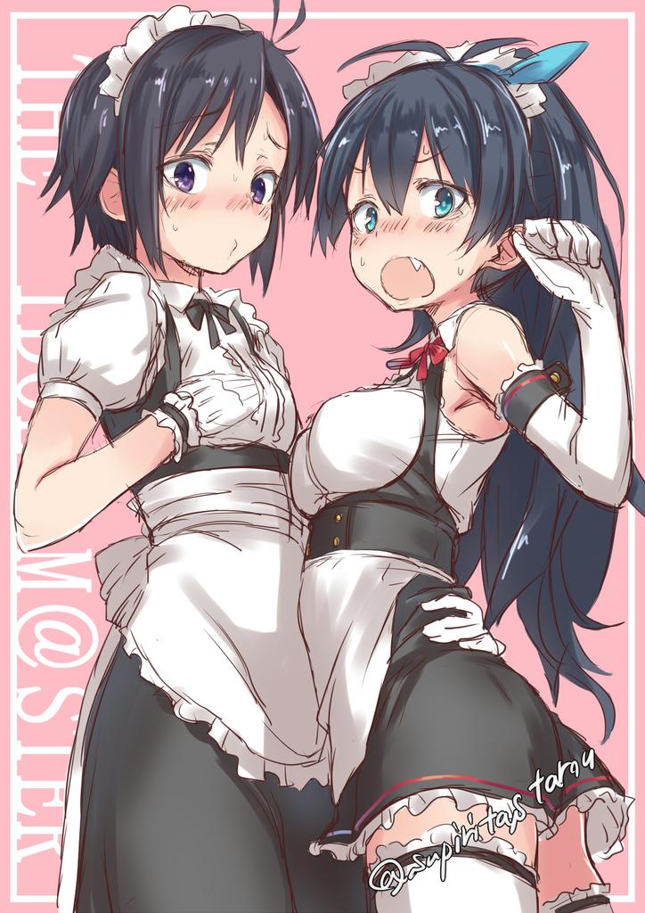 2girls antenna_hair apron bare_shoulders black_bow black_bowtie black_hair black_skirt blue_eyes blue_ribbon blush bow bowtie breasts clenched_hand commentary elbow_gloves embarrassed english_text fang frilled_apron frilled_shirt frills from_side ganaha_hibiki gloves hair_bow hair_ribbon hand_on_another&#039;s_waist hand_up idolmaster idolmaster_(classic) idolmaster_million_live! idolmaster_million_live!_theater_days kikuchi_makoto long_hair looking_at_viewer maid maid_headdress medium_breasts miniskirt multiple_girls open_mouth pink_background ponytail puffy_short_sleeves puffy_sleeves purple_eyes red_bow red_bowtie ribbon shirt short_hair short_sleeves simple_background skirt sleeveless sleeveless_shirt small_breasts spirytus_tarou suspender_skirt suspenders sweat thighhighs twitter_username waist_apron waist_bow white_apron white_bow white_gloves white_shirt white_thighhighs zettai_ryouiki