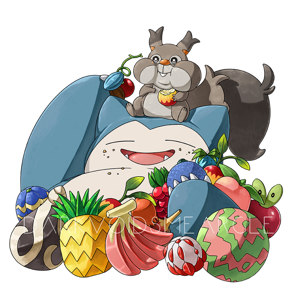 :d applin artist_name berry_(pokemon) cheri_berry closed_eyes coba_berry commentary darkvoiddoble eating fangs figy_berry food food_on_face gen_1_pokemon gen_8_pokemon holding liechi_berry nanab_berry nintendo no_humans open_mouth pinap_berry pokemon pokemon_(creature) pomeg_berry rawst_berry razz_berry skwovet smile snorlax tongue watermark watmel_berry white_background