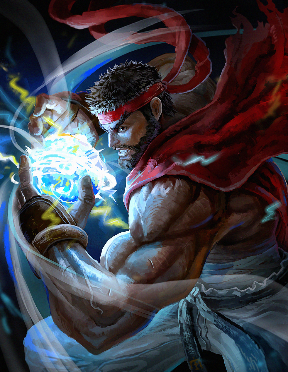1boy beard black_hair facial_hair full_beard hand_guard headband highres male_focus midriff_sarashi muscular muscular_male painterly red_headband ryu_(street_fighter) sarashi short_hair solo street_fighter street_fighter_6 veins veiny_arms yanmanxplore