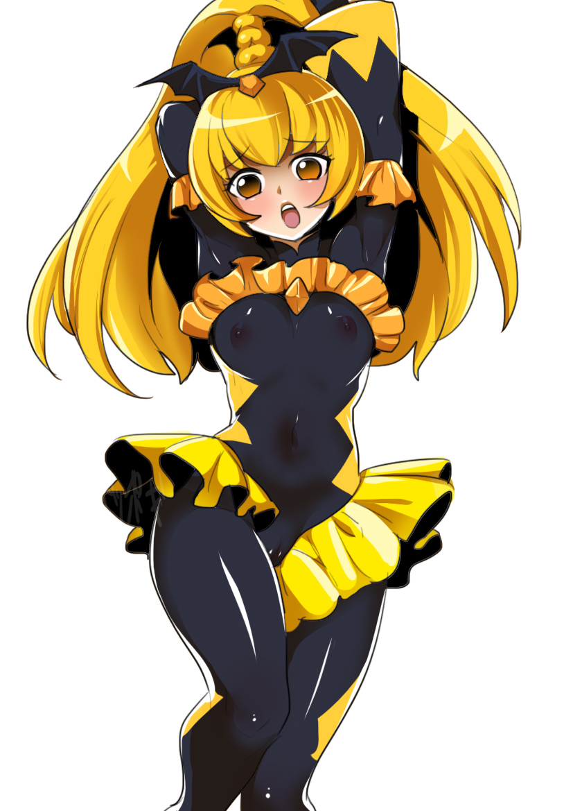 1girl armpits arms_up bad_end_peace bad_end_precure black_bodysuit black_headwear blush bodysuit breasts cameltoe covered_erect_nipples covered_navel dark_persona flat_chest frilled_sleeves frills latex latex_bodysuit legs_together looking_at_viewer navel open_mouth ponytail precure pussy shiny_clothes skin_tight skirt small_breasts smile_precure! surprised toppogi yellow_eyes
