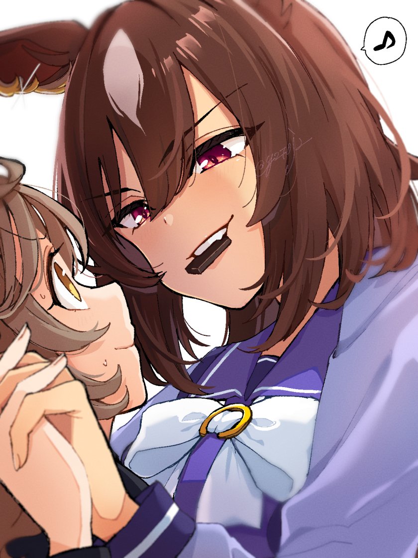 2girls ahoge animal_ears blush book bookshelf brown_hair chocolate collarbone commentary_request ear_ornament eighth_note female_trainer_(umamusume) hair_between_eyes holding_hands horse_ears horse_girl mouth_hold multicolored_hair multiple_girls musical_note red_eyes school_uniform sirius_symboli_(umamusume) smile speech_bubble streaked_hair sweat toji_(y2toj2) tracen_school_uniform trainer_(umamusume) translation_request umamusume upper_body v-shaped_eyebrows valentine white_hair winter_uniform yellow_eyes yuri