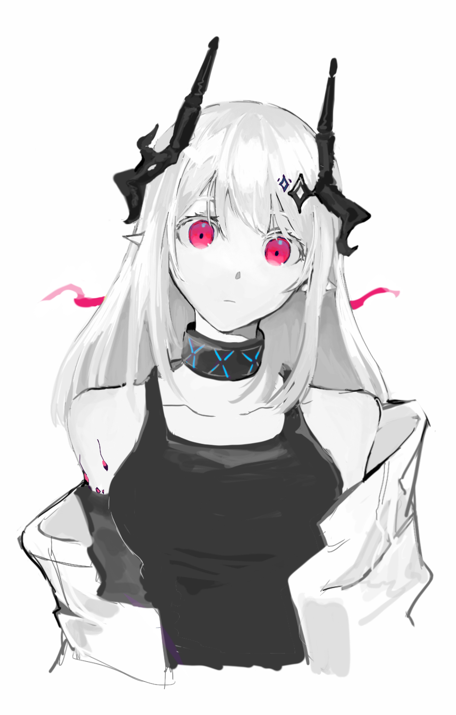 1girl arknights bare_shoulders boker_trcx closed_mouth colorized commentary cropped_torso expressionless greyscale highres horns infection_monitor_(arknights) long_hair material_growth monochrome mudrock_(arknights) mudrock_(elite_ii)_(arknights) off_shoulder oripathy_lesion_(arknights) pink_eyes pointy_ears simple_background sleeveless solo spot_color staring tank_top white_background