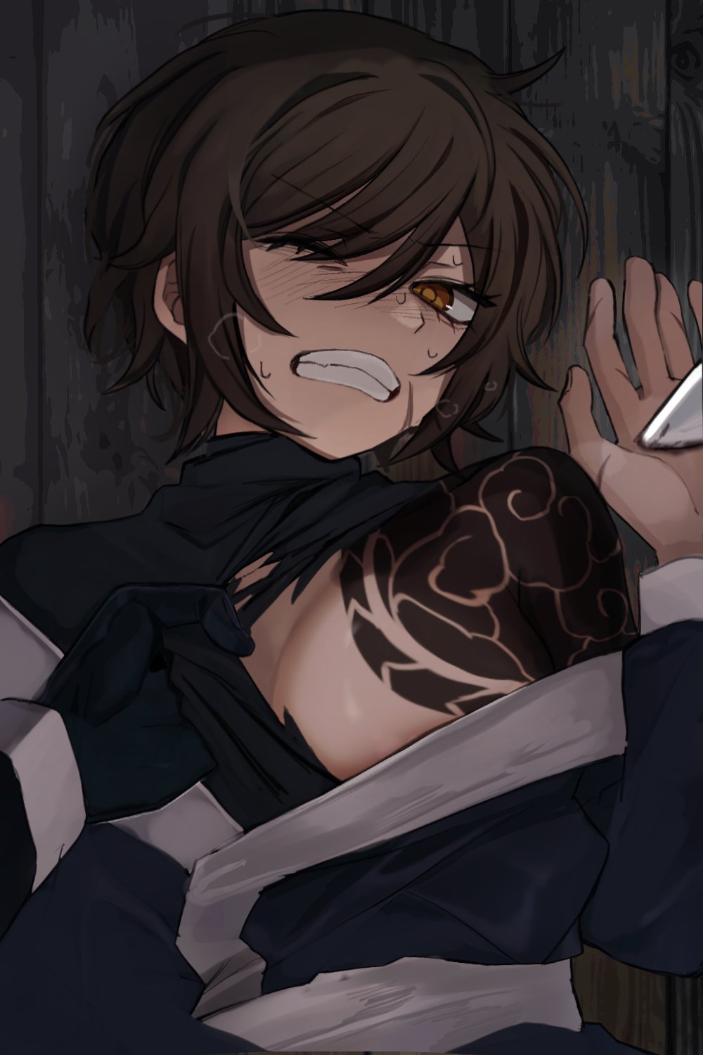 1girl betrayal black_coat black_undershirt blade_lineage_(identity)_(project_moon) blood brown_eyes brown_hair clenched_teeth coat hands_up highres kurokumo_clan_(identity)_(project_moon) limbus_company long_sleeves looking_at_viewer lying on_back on_floor outis_(project_moon) project_moon short_hair solo stab sweat teeth wooden_floor yippee