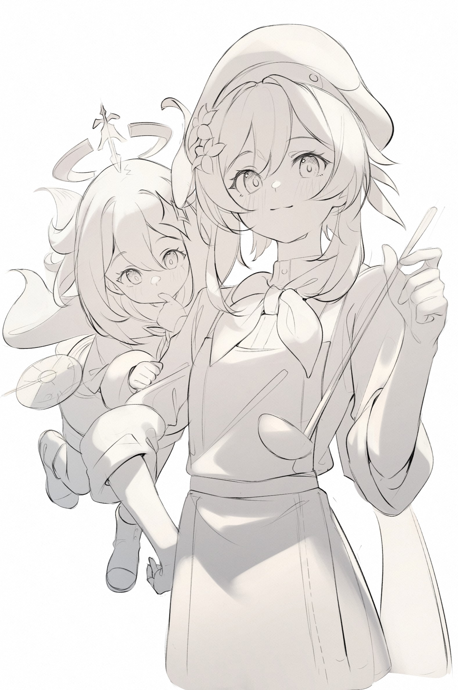 2girls apron chef chef_hat flower genshin_impact hair_flower hair_ornament halo hat highres holding holding_ladle ladle lumine_(genshin_impact) lumine_(marechaussee_hunter)_(genshin_impact) lumo_1121 monochrome multiple_girls official_alternate_costume paimon_(genshin_impact) paimon_(marechaussee_hunter's_best_friend)_(genshin_impact) scarf short_hair_with_long_locks toque_blanche