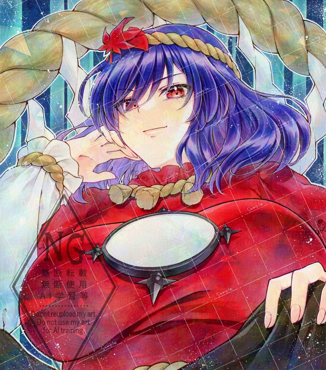 1girl alto2019 black_skirt breasts closed_mouth from_below hair_between_eyes highres large_breasts light_smile long_sleeves looking_at_viewer medium_hair mirror purple_hair red_eyes red_shirt rope shide shimenawa shirt sitting skirt smile solo touhou traditional_media upper_body watermark white_sleeves yasaka_kanako