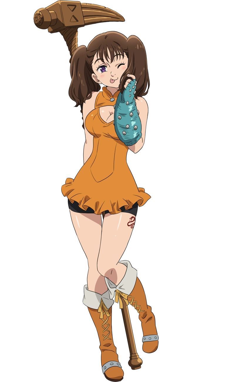 1girl blush boots breasts brown_hair cleavage diane_(nanatsu_no_taizai) hammer highres holding holding_weapon lace-up_boots leg_tattoo legs leotard looking_at_viewer nanatsu_no_taizai official_art one_eye_closed orange_footwear orange_leotard purple_eyes shorts shorts_under_skirt skirt tattoo thighs tongue tongue_out twintails war_hammer warhammer weapon wink