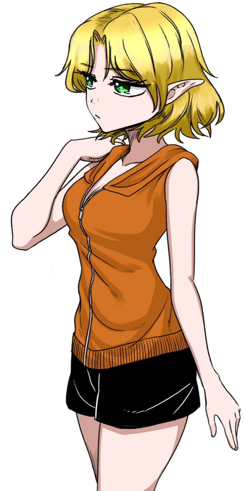 1girl alternate_costume black_shorts blonde_hair breasts cleavage closed_mouth cowboy_shot expressionless green_eyes highres hood hood_down hoodie looking_afar medium_breasts mizuhashi_parsee orange_hoodie parted_bangs pointy_ears revision short_hair shorts simple_background sleeveless sleeveless_hoodie solo touhou white_background yokozuna_iwashi zipper