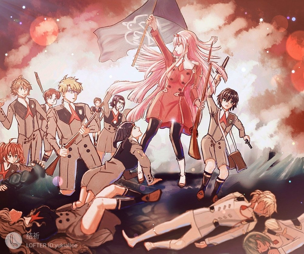 10s 6+boys 6+girls ahoge black_hair black_pantyhose blonde_hair blue_eyes blue_hair boots brown_footwear brown_hair chinese_commentary commentary_request couple darling_in_the_franxx fine_art_parody flag futoshi_(darling_in_the_franxx) glasses gorou_(darling_in_the_franxx) green_eyes green_hair gun hair_ornament hairband hand_up hetero high_ponytail hiro_(darling_in_the_franxx) holding holding_flag holding_gun holding_weapon horns ichigo_(darling_in_the_franxx) ikuno_(darling_in_the_franxx) jieqialice kokoro_(darling_in_the_franxx) liberty_leading_the_people light_brown_hair long_hair long_sleeves looking_back lying miku_(darling_in_the_franxx) military military_uniform mitsuru_(darling_in_the_franxx) multiple_boys multiple_girls necktie nine_alpha_(darling_in_the_franxx) nine_delta on_back on_side oni_horns orange_neckwear pantyhose parody pink_hair ponytail purple_hair red_hair red_horns red_neckwear shoes short_hair socks thighs twintails weapon white_footwear white_hairband zero_two_(darling_in_the_franxx) zorome_(darling_in_the_franxx)