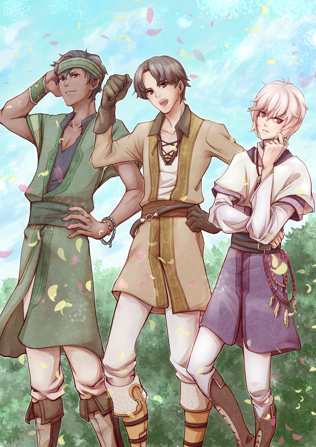 3boys aoi_(xxxaoi) black_hair boots bracelet brown_hair dark_skin dark-skinned_male day fire_emblem fire_emblem_echoes:_shadows_of_valentia gloves gray_(fire_emblem) headband highres jewelry kliff_(fire_emblem) leaf male_focus multiple_boys nintendo open_mouth petals purple_eyes sky teeth tobin_(fire_emblem) white_hair