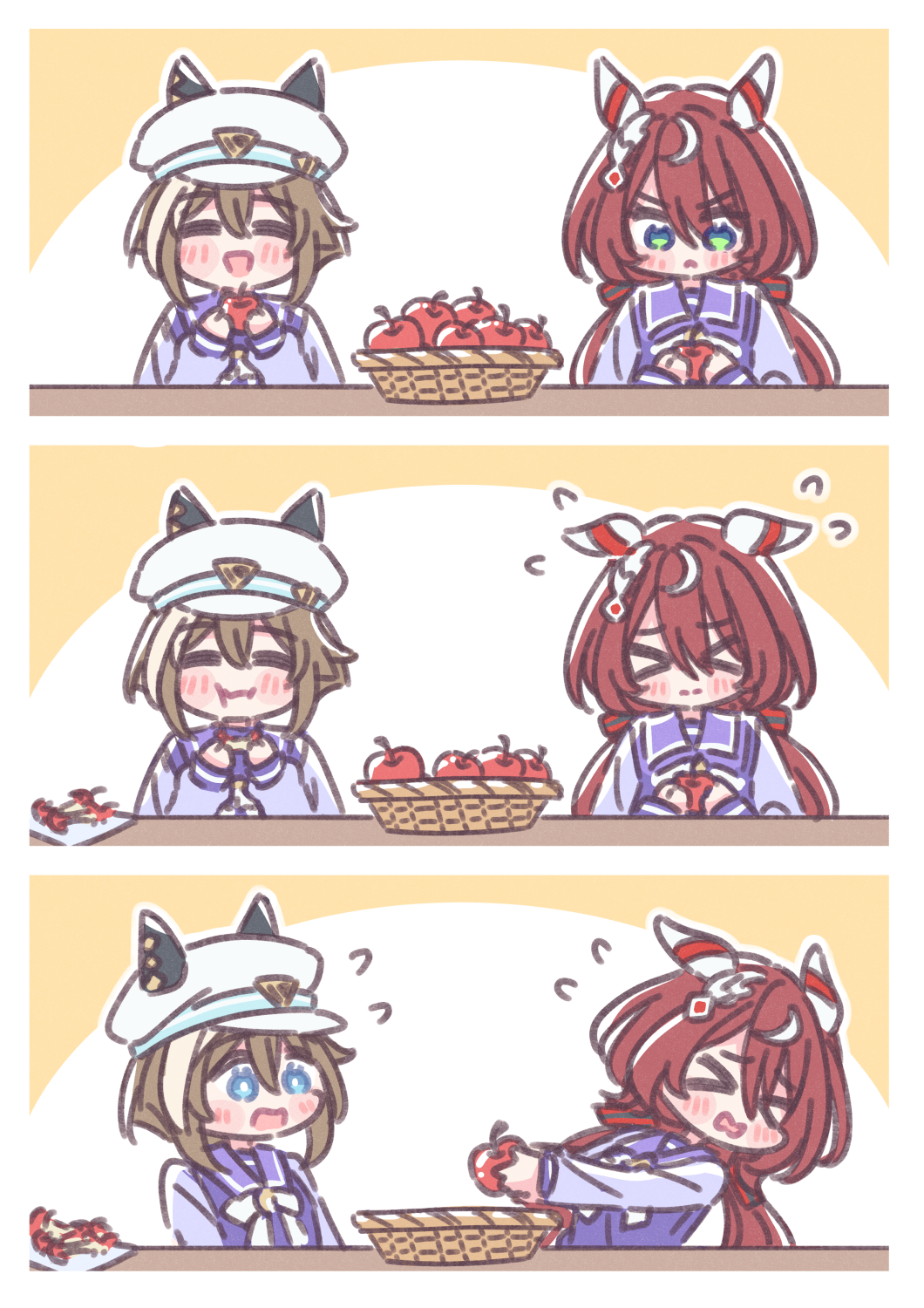 &gt;_&lt; 2girls akamirai animal_ears apple basket blue_eyes blush brown_hair cheval_grand_(umamusume) commentary_request eating food fruit green_eyes hair_between_eyes hair_ornament hat highres horse_ears horse_girl long_hair low_twintails medium_hair multiple_girls open_mouth school_uniform table tracen_school_uniform twintails umamusume win_variation_(umamusume)