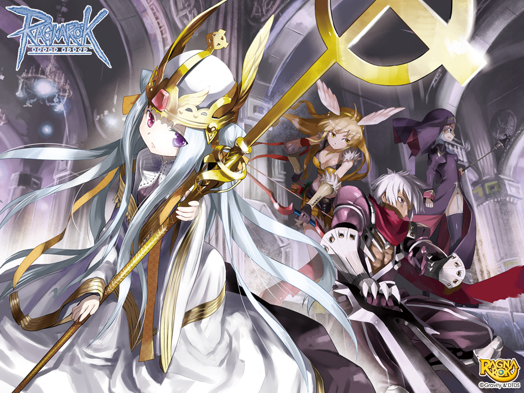 1boy 3girls armband armor artist_request assassin_cross_(ragnarok_online) black_coif black_dress black_thighhighs blonde_hair breasts brown_gloves cathedral cleavage cone_hair_bun copyright_name crosier dagger dress feet_out_of_frame fingerless_gloves fur-trimmed_gloves fur-trimmed_shirt fur-trimmed_shorts fur_trim garter_straps gloves grey_pants grey_shirt hair_bun holding holding_dagger holding_knife holding_staff holding_weapon indoors jamadhar juliet_sleeves knife long_hair long_sleeves looking_afar looking_at_viewer medium_breasts midriff multiple_girls open_mouth pants pauldrons pope_(ragnarok_online) priest_(ragnarok_online) puffy_sleeves purple_eyes ragnarok_online red_eyes red_scarf robe scarf shirt short_hair shorts shoulder_armor side_slit sleeveless sleeveless_shirt sniper_(ragnarok_online) staff thighhighs torn_clothes torn_scarf two-tone_gloves very_long_hair weapon white_hair white_robe yellow_eyes yellow_gloves yellow_shirt yellow_shorts