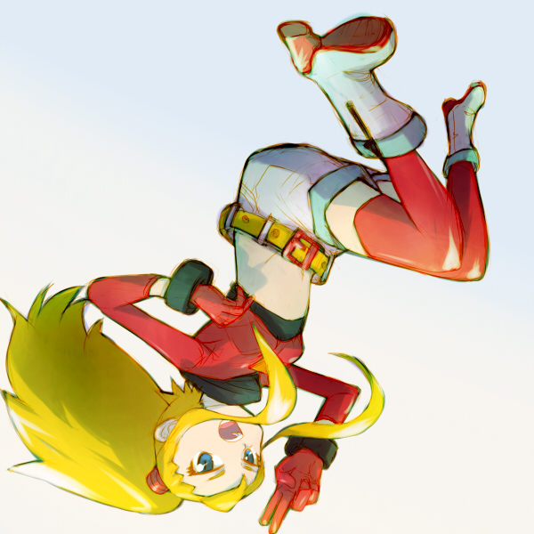 1girl aero_(mega_man) alchera belt blonde_hair breasts commentary_request female_focus gloves long_hair looking_at_viewer mega_man_(series) mega_man_legends_(series) mega_man_legends_3 open_mouth shorts simple_background solo thighhighs v